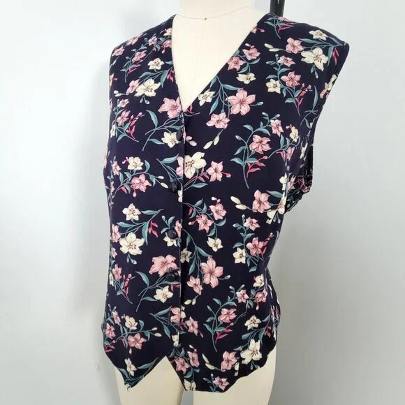 Vintage 90s FSTOP 2 Piece Navy Floral Maxi Button Front Skirt & Matching Vest - Picture 7 of 14